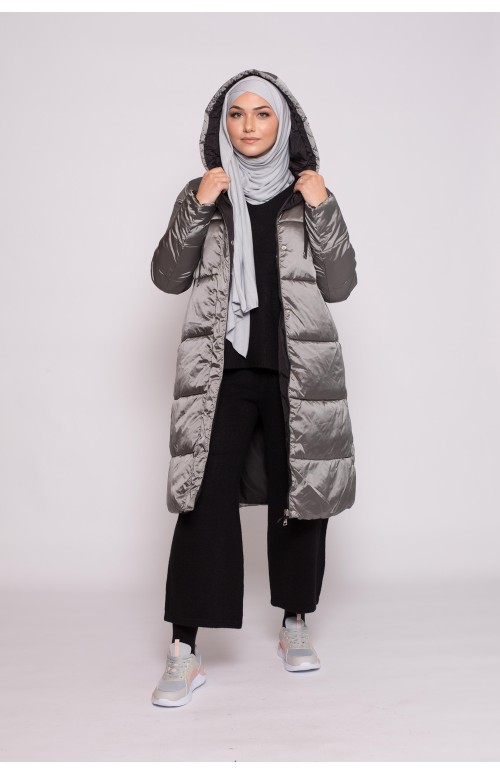 Maxi doudoune réversible longue noire et grise nouvelle collection hiver pour femme musulmane boutique hijab moderne