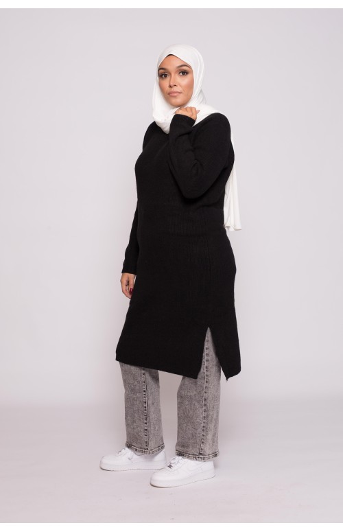 Pull long côtelé noir collection hiver pour femme boutique hijab moderne et pas cher