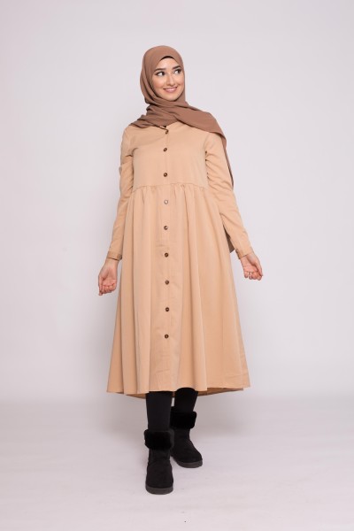 robe chemise évasée beige collection hiver pour femme musulmane boutique hijab moderne pas cher