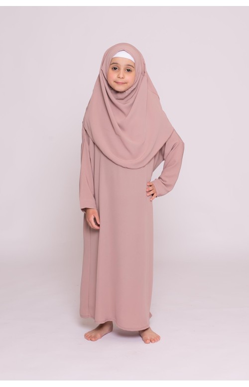 Robe enfant hijab intégré soie de médine vieux rose