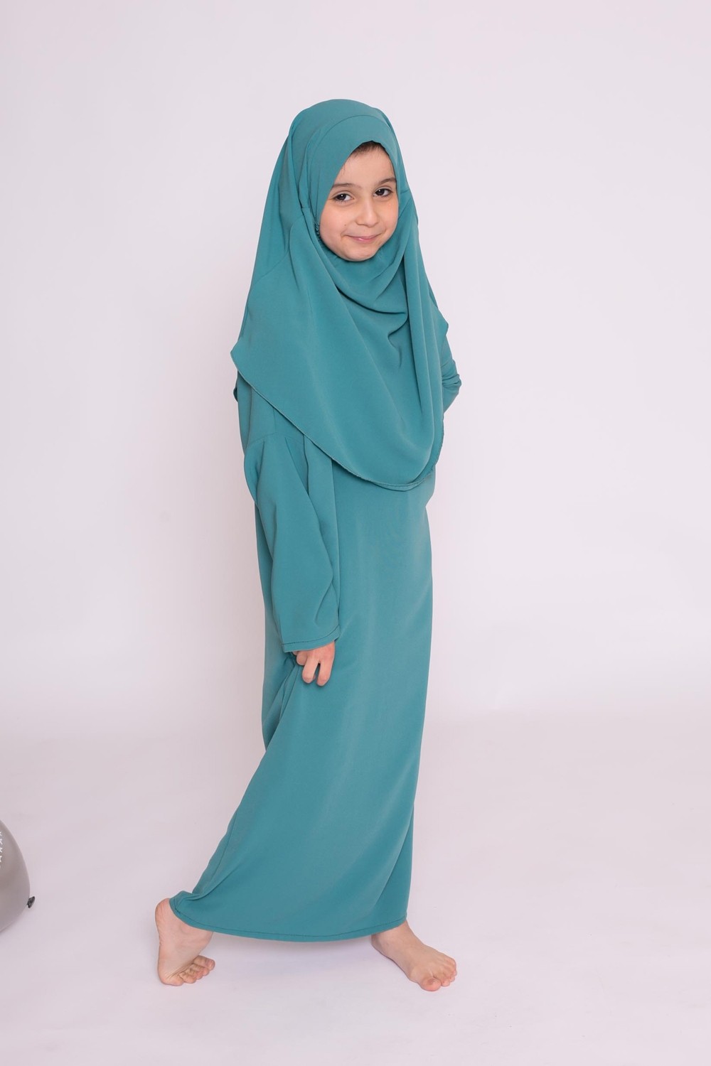 Green medina silk integrated hijab children's dress
