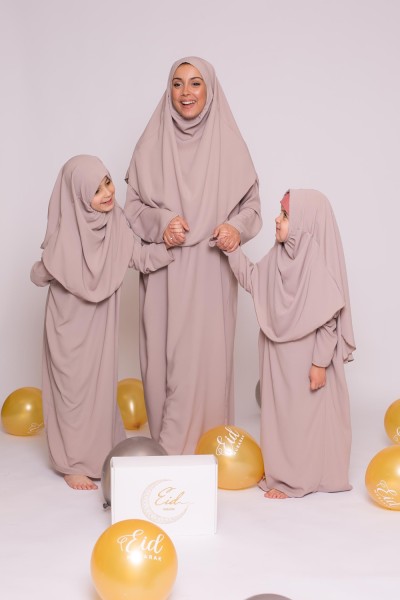 Light taupe medina silk integrated hijab children's dress