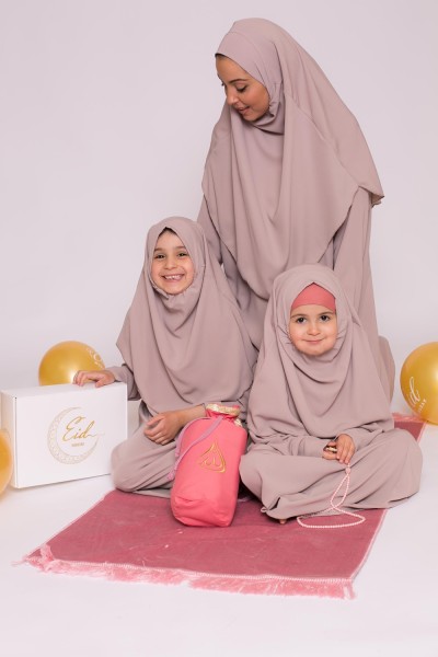 Light taupe medina silk integrated hijab children's dress