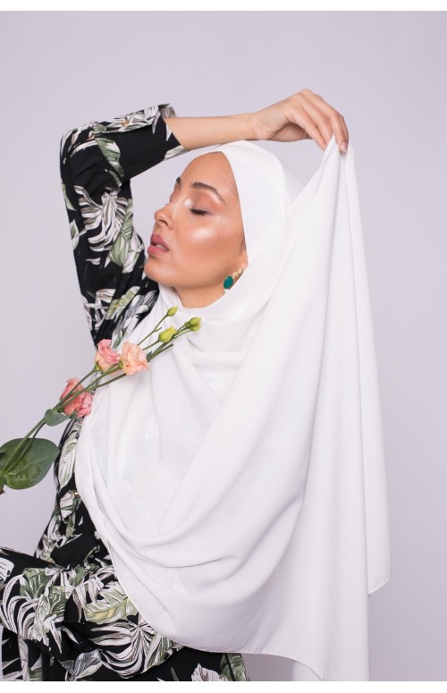 Hijab croisé à nouer soie de médine blanc boutique musulmane