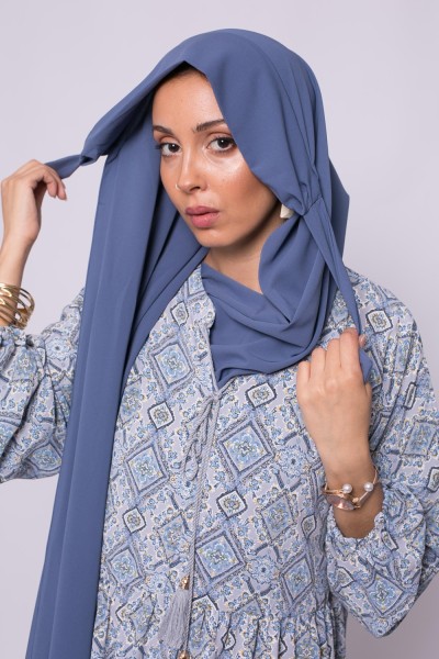 Hijab prêt à nouer soie de médine bleu acier boutique femme musulmane