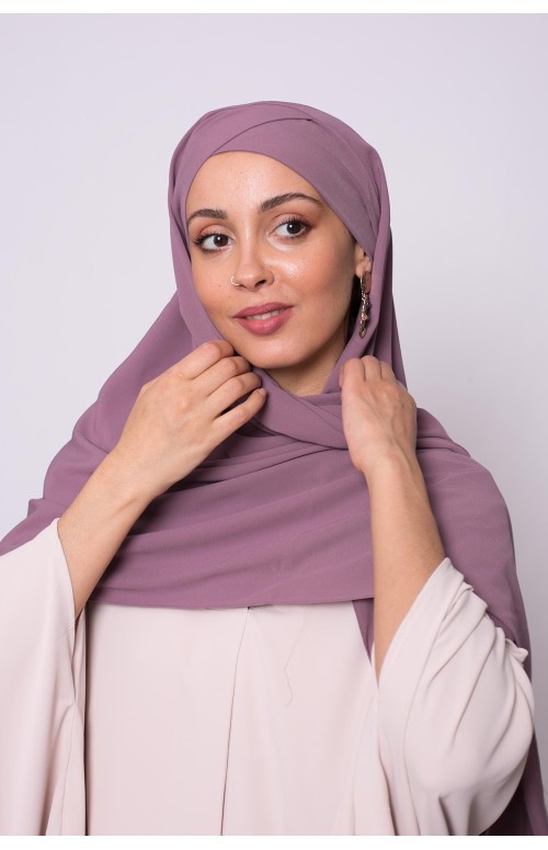 Hijab croisé à nouer soie de médine prune boutique musulmane