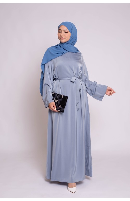 Abaya luxery satiné bleu perlé boutique femme musulmane