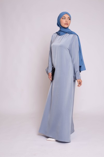Abaya luxery satiné bleu perlé boutique femme musulmane