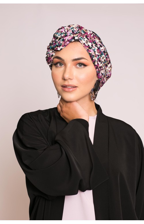Turban à nouer imprimé lilas rosé création prêt à porter pour femme modeste hijab shop
