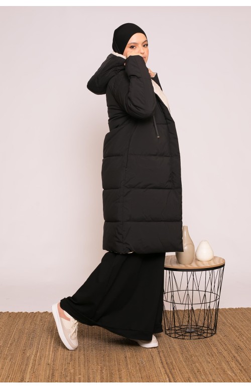 Maxi doudoune réversible noir/beige prêt à porter pour femme musulmane hijab shop