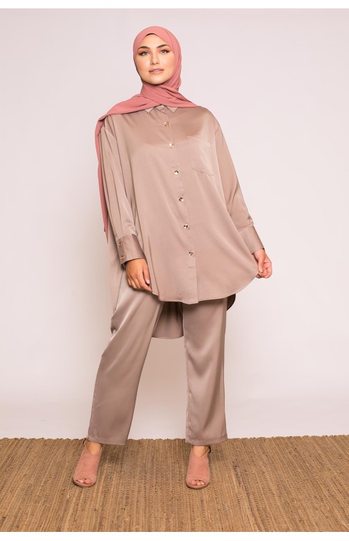 chemise longue satiné taupe prêt à porter chic et modeste pour femme musulmane hijab shop