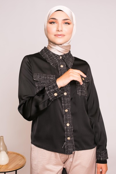 Chemise satiné noir prêt à porter chic et tendance pour femme modeste hijab shop muslim