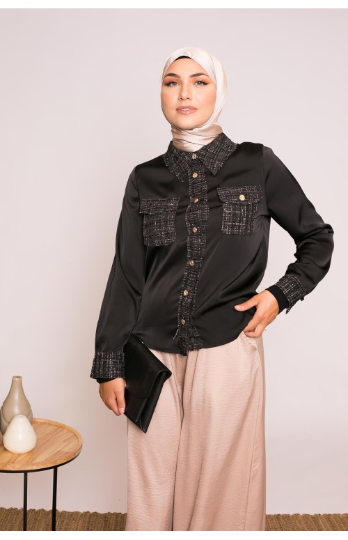 Chemise satiné noir prêt à porter chic et tendance pour femme modeste hijab shop muslim