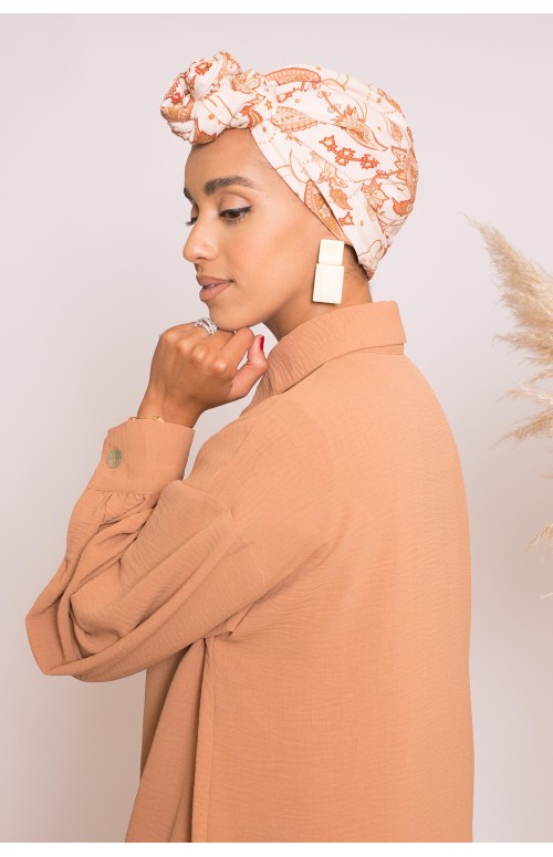 Turban à nouer imprimé création unique fabrication française boutique vêtement pour femme modeste