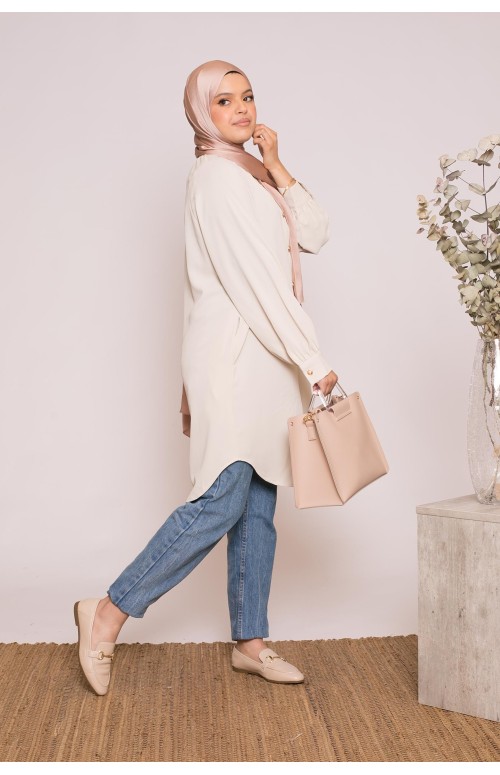 Tunique chemise beige vêtement pour la femme musulmane boutique hijab modeste fashion moderne