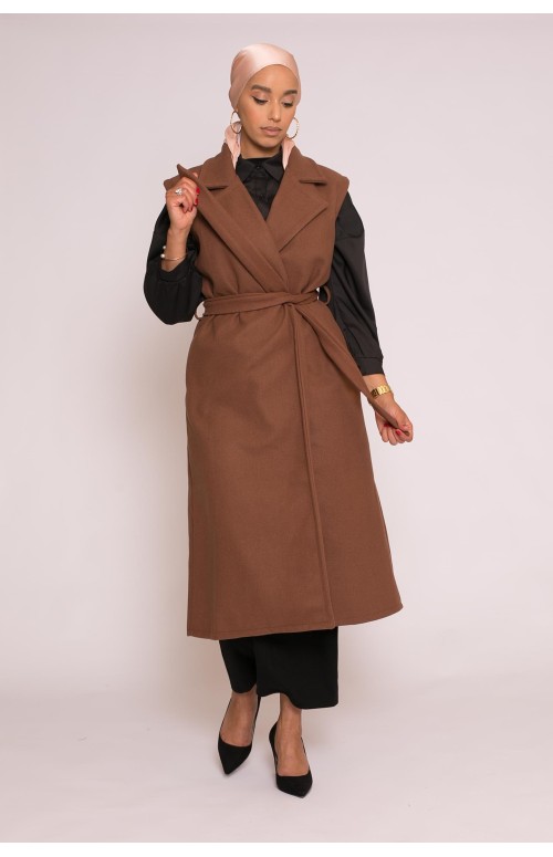 Manteau long chic sans manche cofee êtement classe et mastour pour la femme musulmane hijab shop