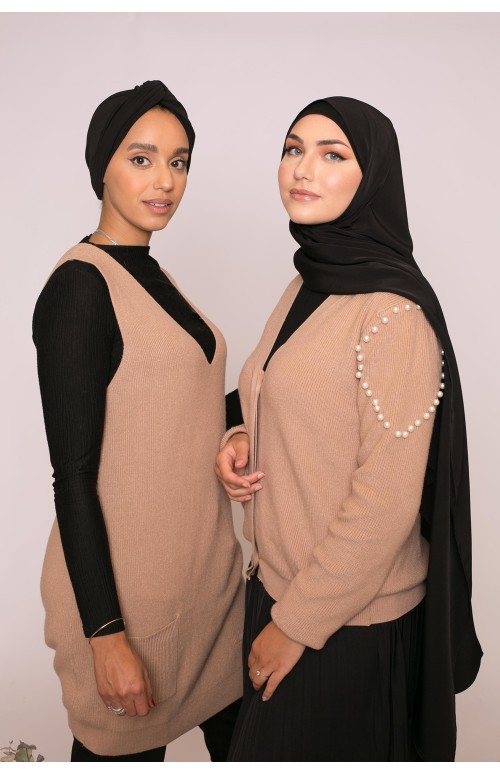 Tunique pull sans manche beige foncé prêt à porter moderne et modeste pour femme musulmane hijab shop