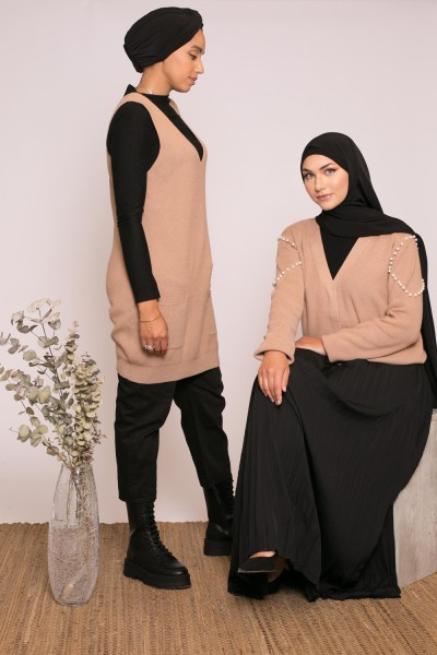 Tunique pull sans manche beige foncé prêt à porter moderne et modeste pour femme musulmane hijab shop