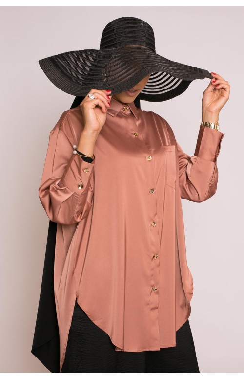 chemise longue satiné brique classe prêt à porter chic et tendance pour femme musulmane boutique hijab