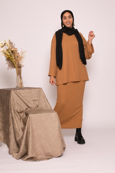 ensemble jmodeste jupe et haut oversize camel pour femme musulmane 