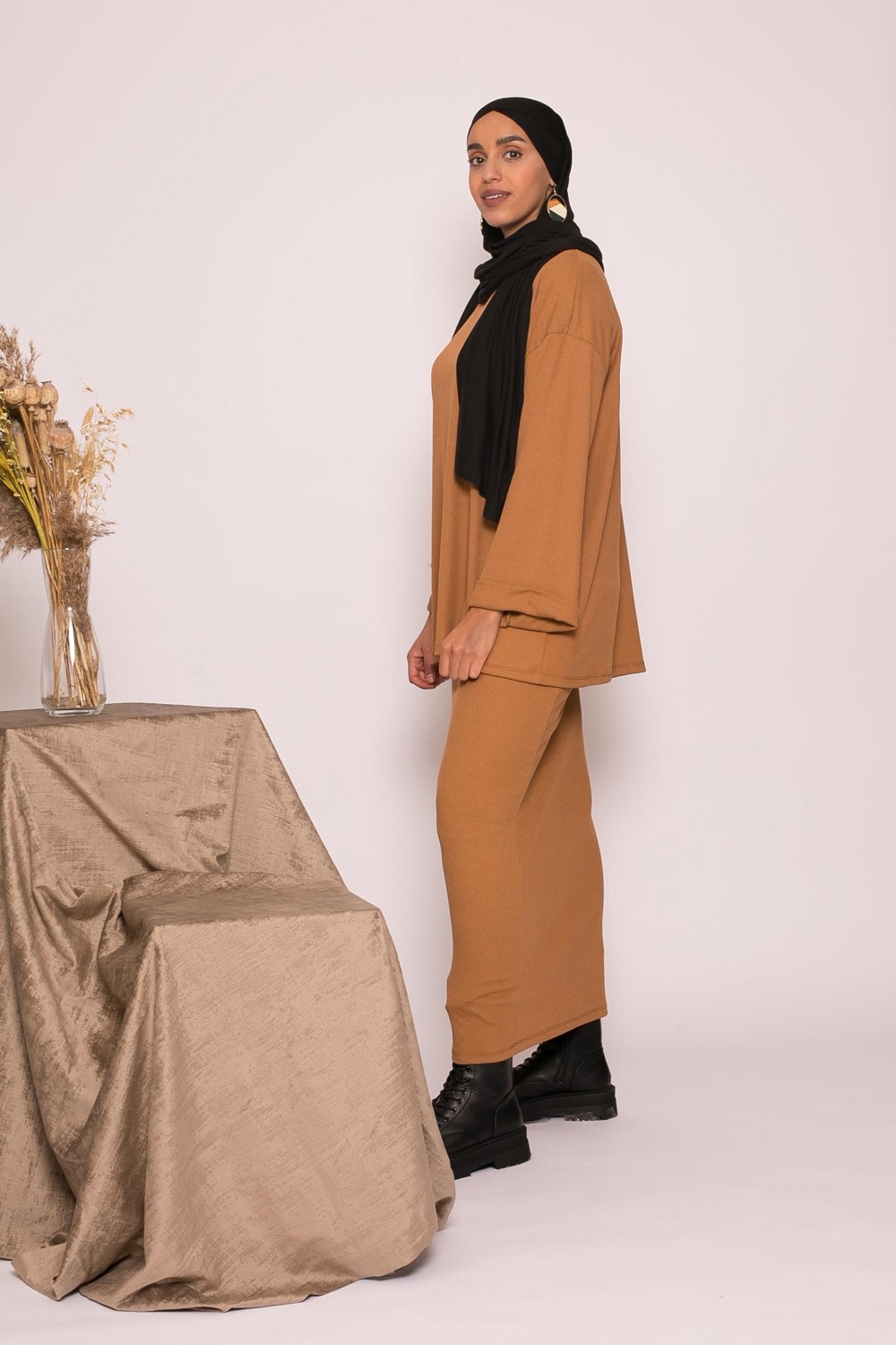 camel oversized skirt and top set