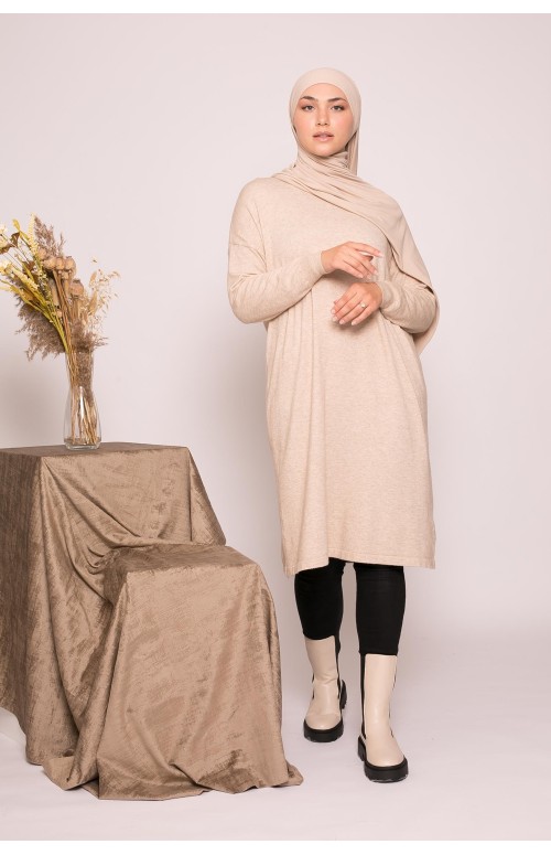 Pull tunique beige mastoura pour femme musulmane boutique hijab moderne
