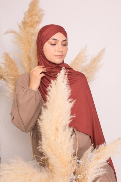 Zweireihiger Hijab-Luxus-Jersey aus weichem, fertig zum Binden, dunkler Ziegelstein
