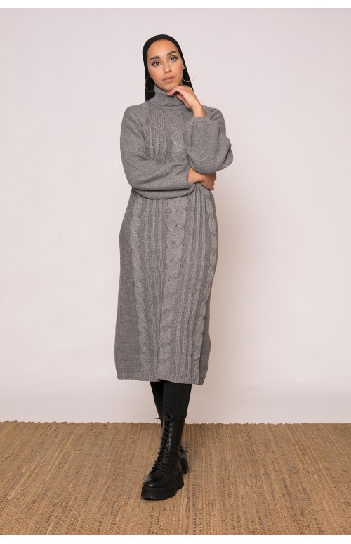 Pull robe grise torsade collection hiver pour femme musulmane boutique modeste