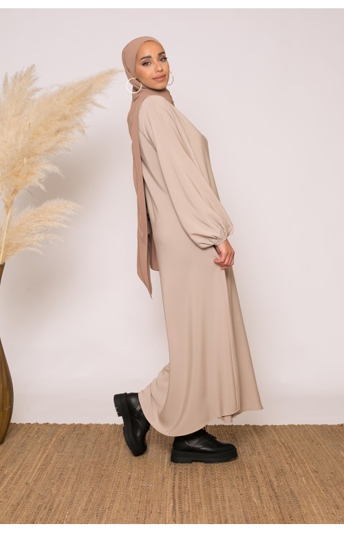 Robe longue manche bouffante beige boutiqu hijab pour femme musulmane