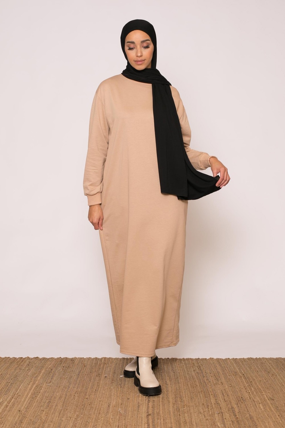 Robe sweat beige foncé sport wear pour femme musulmane boutique hijab pas cher