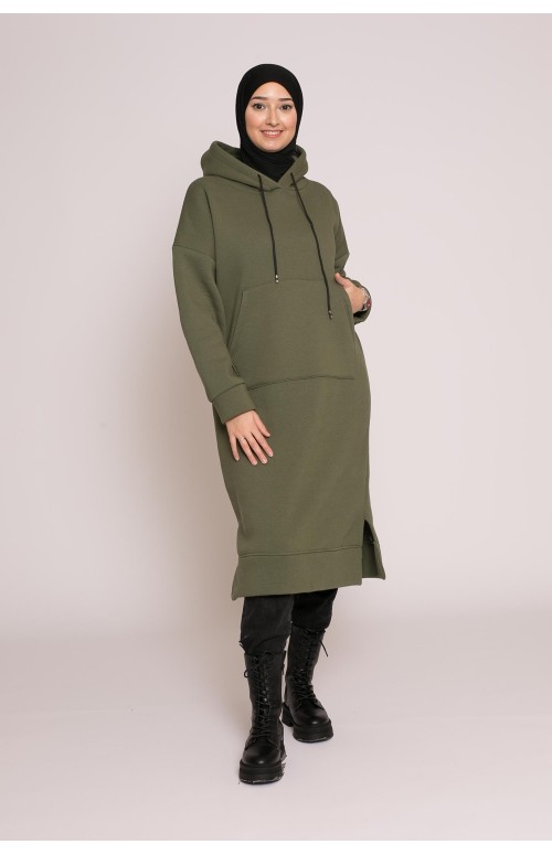 Sweat long oversize kaki boutique prêt à porter pour femme musulmane moderne