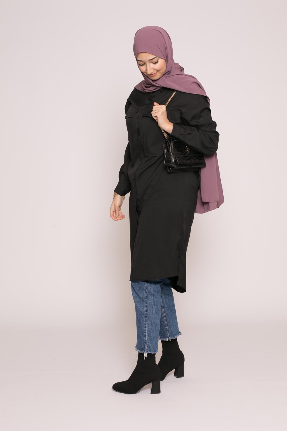 Chemise longue d'hiver noir hijab shop