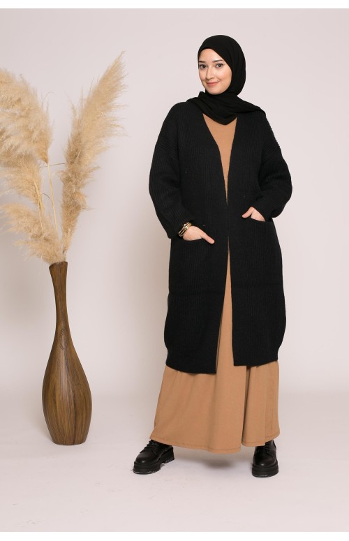 Gilet long noir à poche boutique musulmane vêtement femme