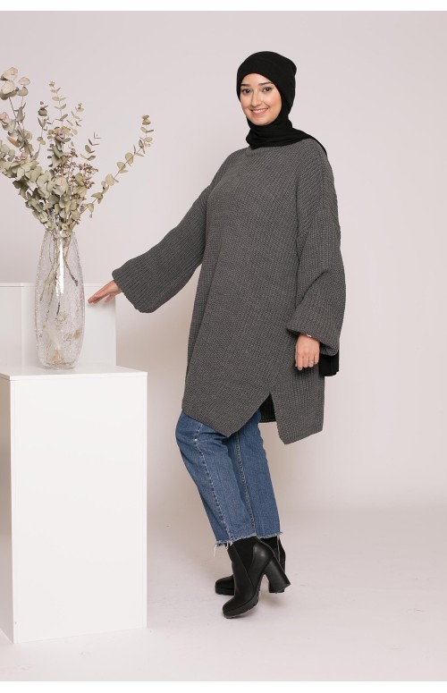 Pull tricot oversize gris foncé boutique mastour pour femme musulmane