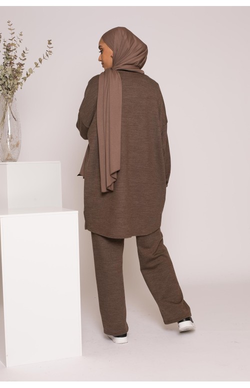 Ensemble création gilet pantalon taupe marroné boutique musulmane 