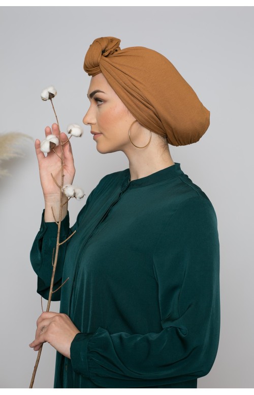 Turban à nouer jersey premium camel boutique modeste pour femme 
