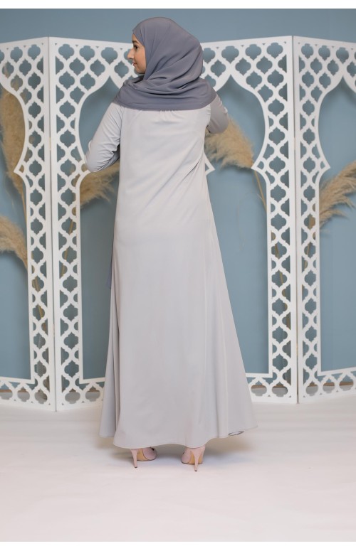 Robe longue mastoura coupe évasée gris clair boutique hijab pour femme musulmane