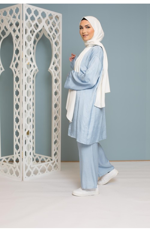 Ensemble coton pantalon kimono bleu collection printemps été pour femme modeste