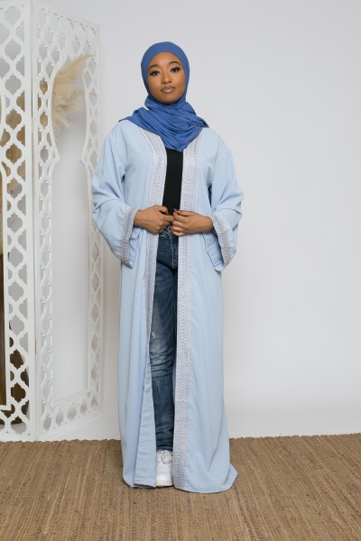 Kimono brodé bleu boutique modeste fashion moderne 