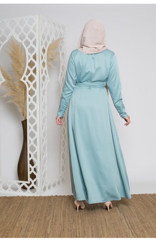 Robe manches boutons turquoise collection printemps été pour femme musulmane
