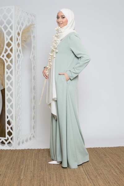 Robe longue vert eau coupe très évasée pour printemps été boutique hijab moderne pas cher