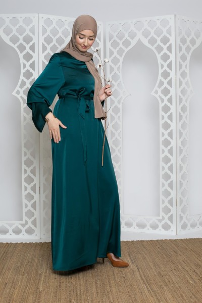 Abaya luxery satiné vert foncé boutique classe pour femme musulmane