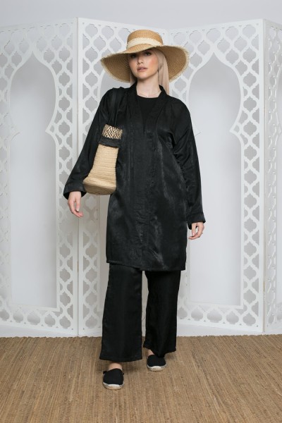 Schwarzes Kimono-Hosenset aus Baumwolle