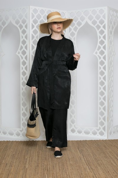 Schwarzes Kimono-Hosenset aus Baumwolle