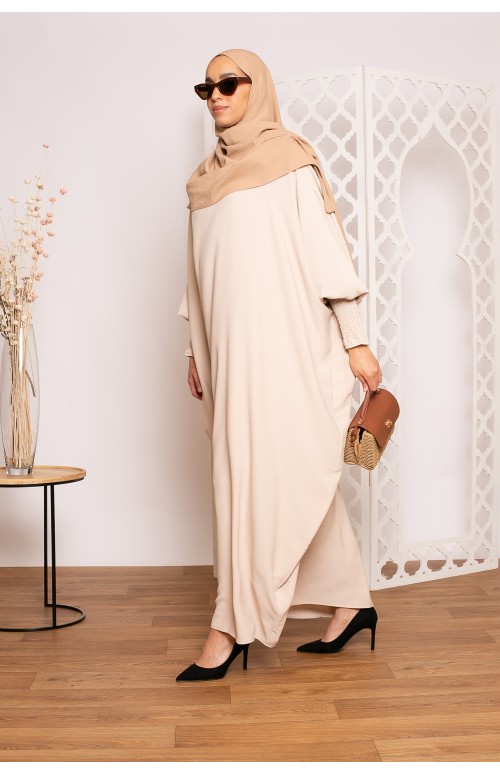 Abaya papillon manchettes élastique beige boutique musulmane