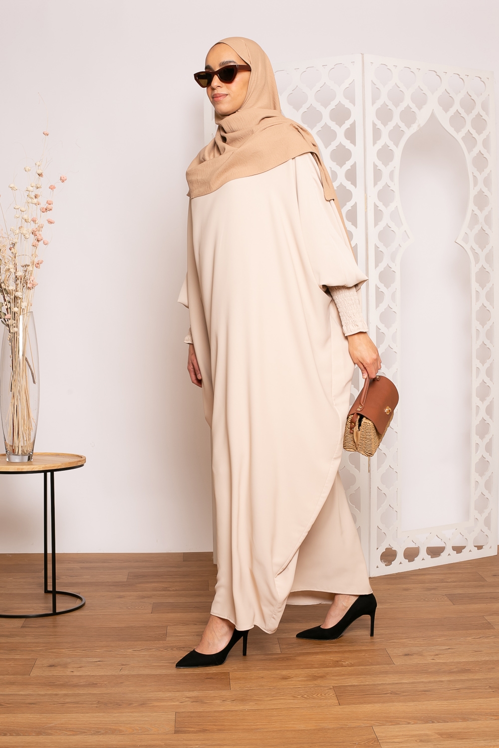 Abaya papillon manchettes élastique beige