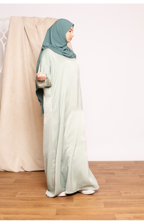 Abaya satiné vert clair robe longue mastoura pour femme musulmane boutique pas cher