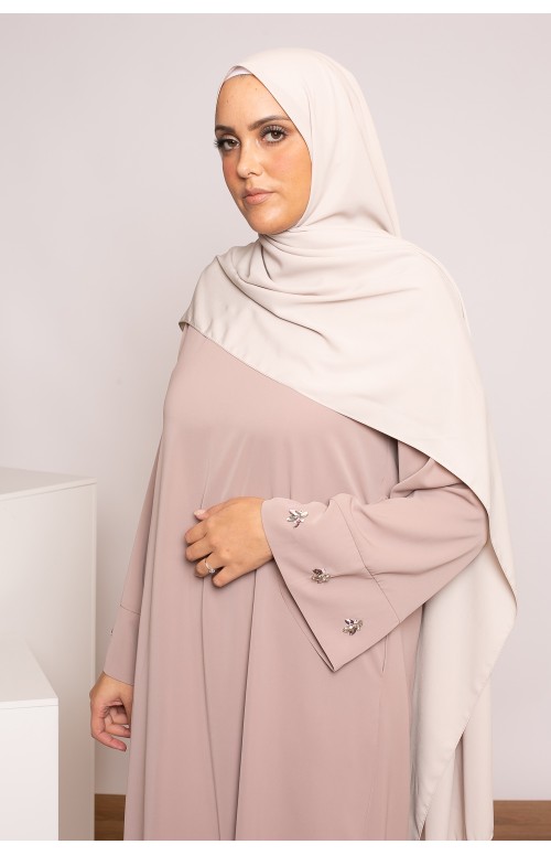 Abaya manchette bijoux taupe rosé collection ramadan pour femme musulmane