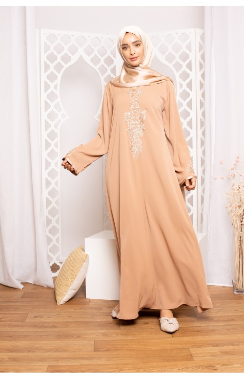 Robe caftan brodé noisette boutique musulmane
