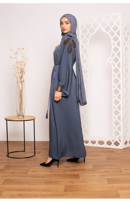 Abaya Dubai perle bleu boutique hijab moderne et chic